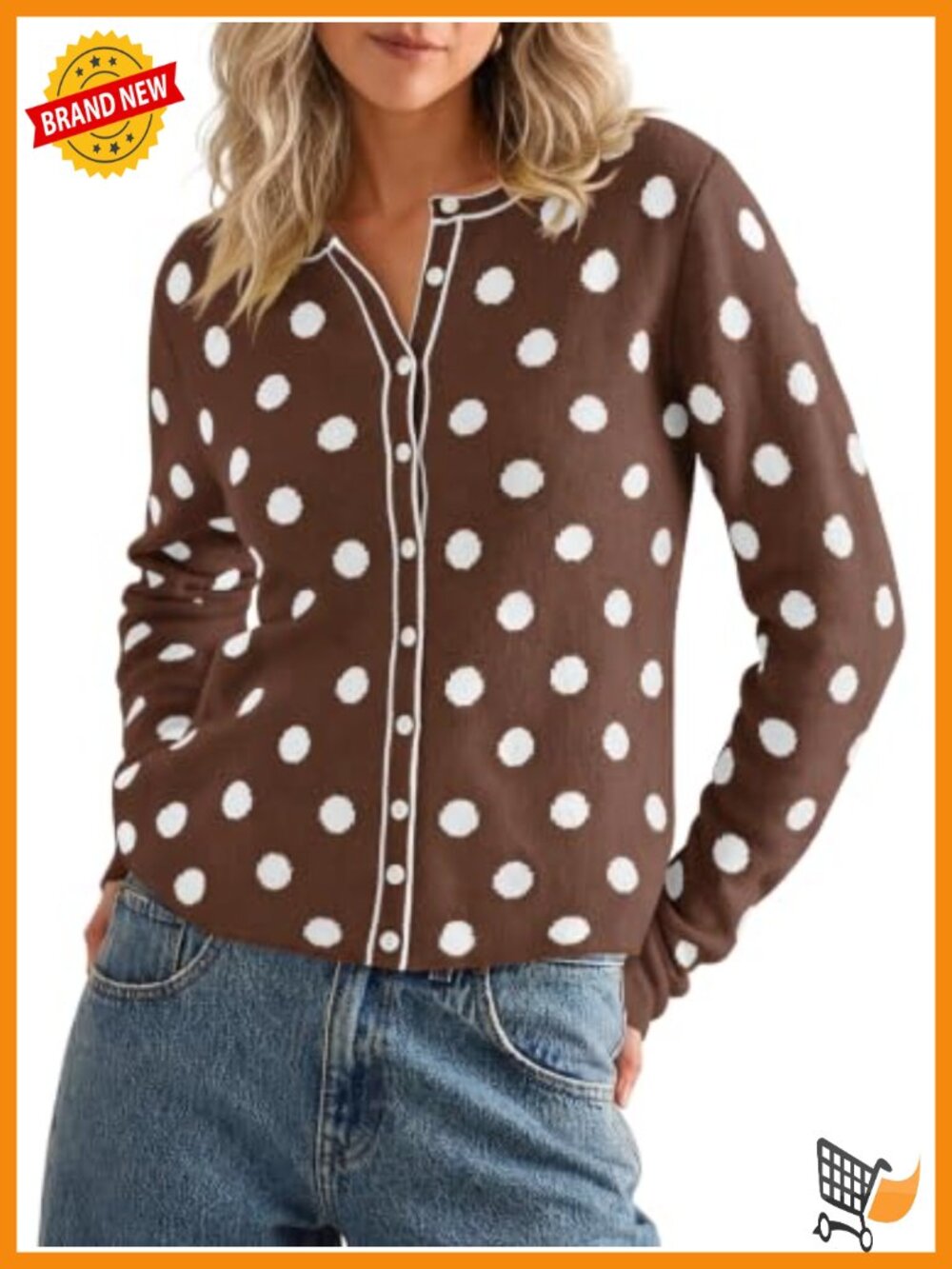 Polka Dot Button Up Cardigan Long Sleeve Fitted Knit Sweater
